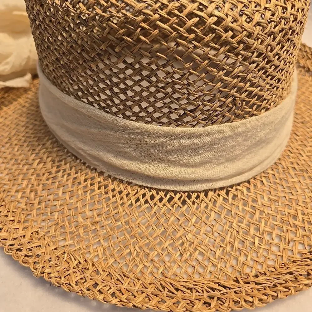 Vintage Woven Straw Hat OS Womens Ivory Natural Bow In Back - Picture 2 of 4